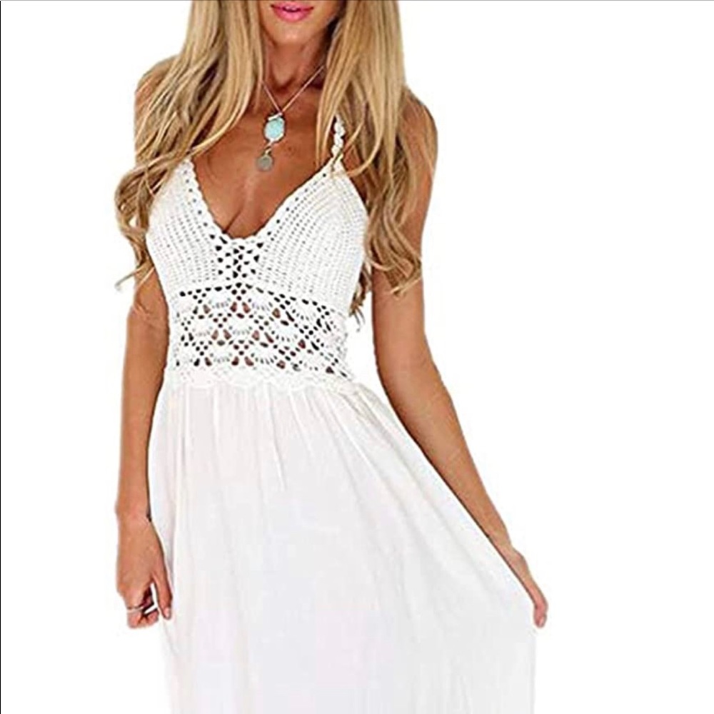 Crochet backless bohemian halter maxi dress